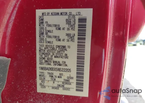 2005 Nissan Titan Se z USA, uszkodzony, nr VIN 1N6BA06BX5N522205